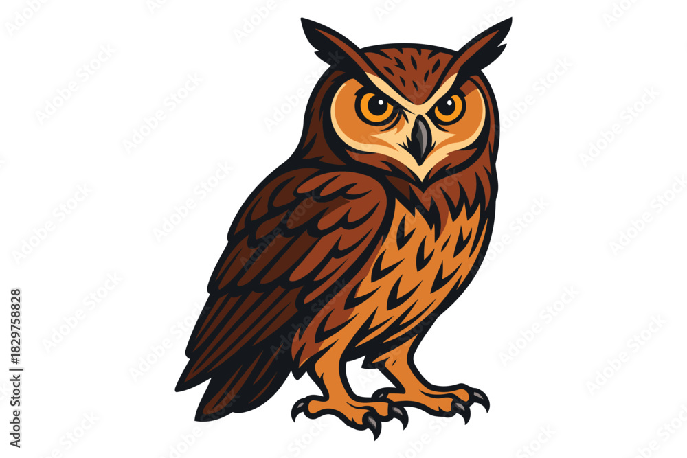 Fototapeta premium A detailed illustration of a majestic great horned owl with piercing yellow eyes perched against a clean white background showcasing its intricate feather details and alert posture