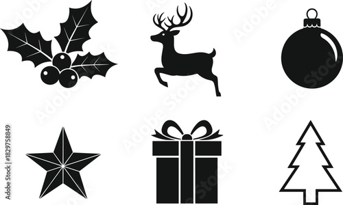 Christmas holiday silhouette icon set, holly and berries, leaping reindeer, ornament ball, five-point star, wrapped gift, stylized Christmas tree vector, seasonal festive