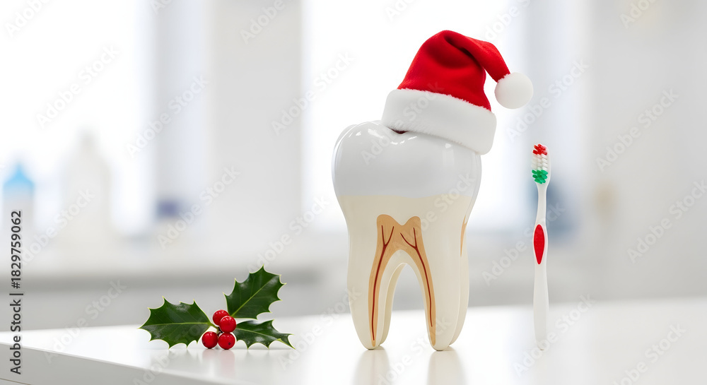 Fototapeta premium Holiday Oral Care: A festive display featuring a model tooth adorned with a miniature Santa hat, alongside a toothbrush and sprig of holly, celebrating healthy smiles and holiday cheer.