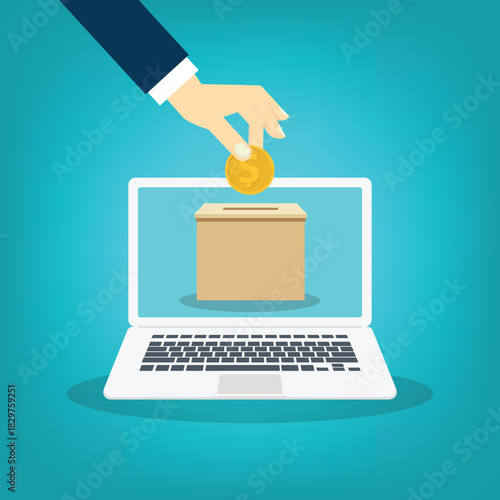 Hand putting coin in a donation box ,online donation concept.	
