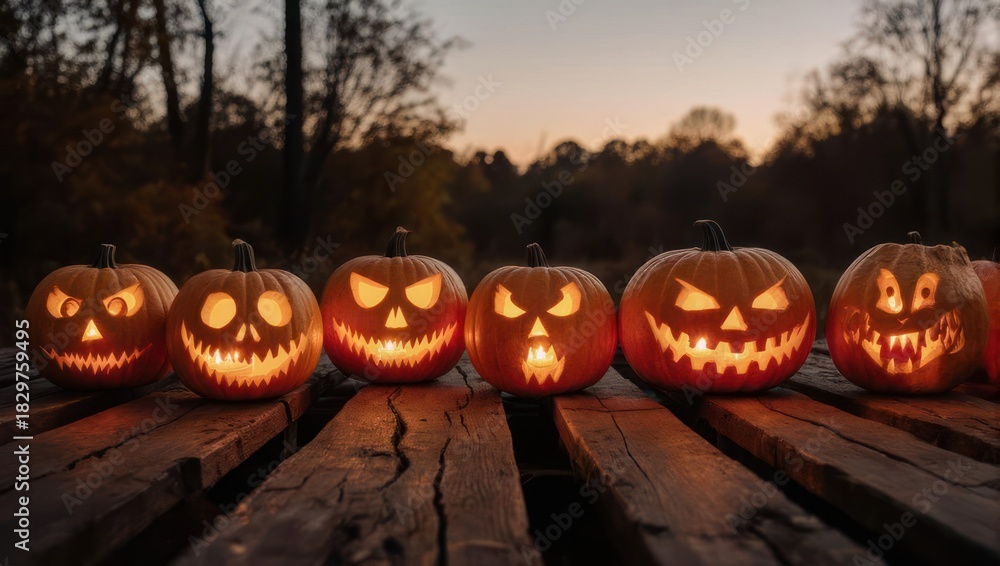 Obraz premium Spooky Jack-o-Lanterns Glowing on Wooden Planks at Dusk.