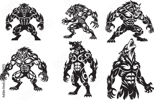 Intense Tribal Werewolf Lycanthrope Monster Vector Tattoo Pose Set