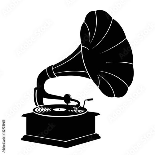 Vintage Gramophone Silhouette – Retro Music Player Vector Illustration