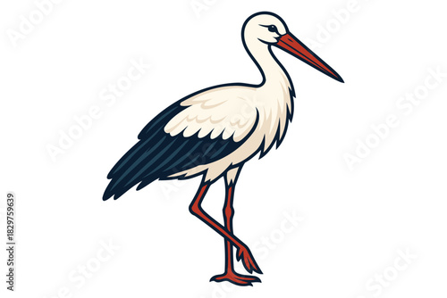 A charming cartoon illustration of a white stork with black wing feathers and a long orange beak standing elegantly on its thin red legs