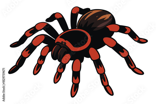 Detailed illustration of a vibrant mexican redknee tarantula spider with black and orange markings on a white background