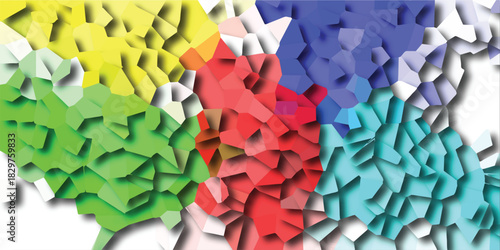 Vibrant abstract mosaic of geometric polygons in rainbow colors including yellow green red blue and cyan with soft shadows creating a dynamic and colorful background for presentations