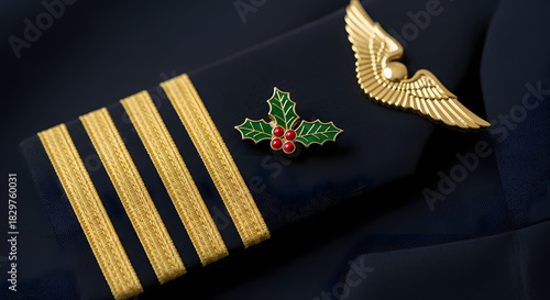 Pilot's Christmas Crest: The elegant pilot's uniform with a festive touch, featuring a golden emblem. The image captures the spirit of the season through thoughtful detail.
