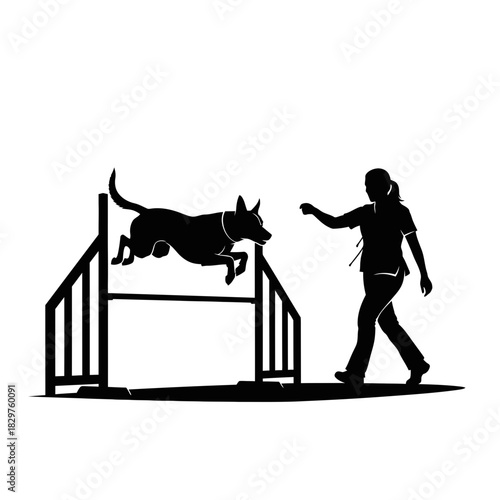 Dog Training Silhouette – Woman Teaching Dog Command Vector Illustration