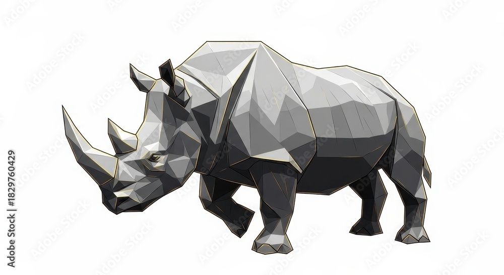 Fototapeta premium Abstract polygonal rhinoceros illustration against a pristine white backdrop showcasing geometric