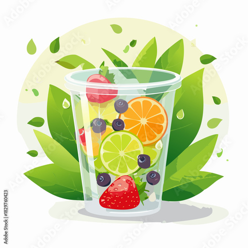Refreshing Glass Cup Filled With Sliced Citrus Fruits Berries And Green Leaves On Light Yellow Background With Soft Lighting