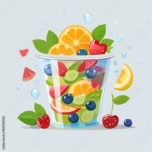 Refreshing Fruit Salad In A Clear Plastic Cup With Sliced Oranges Blueberries Strawberries Watermelon And Garnish Of Mint Leaves Against A Light Blue Background With Water Droplets And Floating Fruit