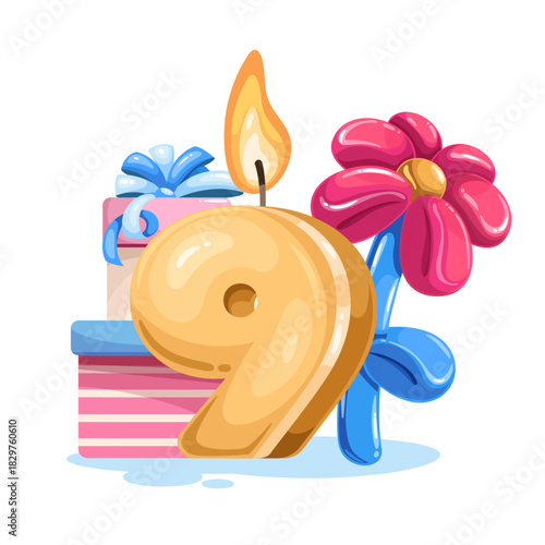 Birthday nine candle with bright flame, glossy yellow surface, gift boxes and balloon flower in cartoon style. Vector illustration with vibrant highlights and festive details.