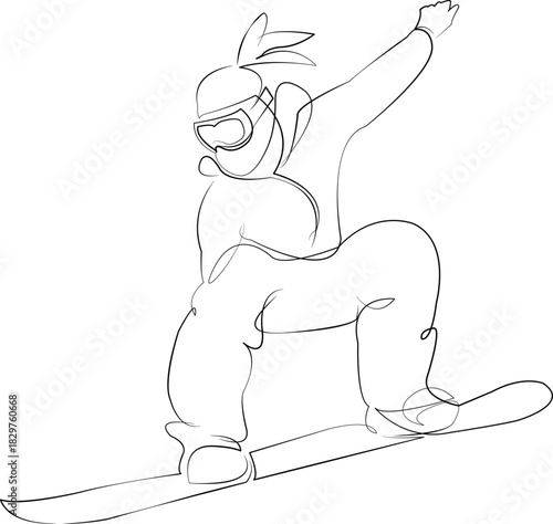 One continuous line drawing on white isolated background. Minimalism linear illustration. sport, jump, person, girl, snowboard, snowboarding, vacation, snow, winter, extreme