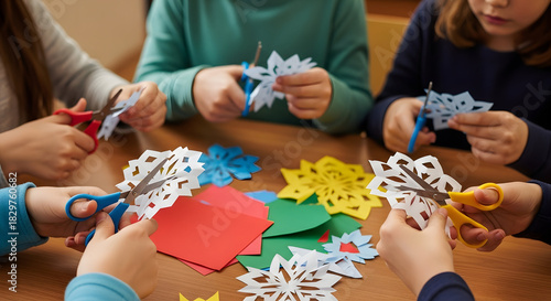 Creative Hands at Work: Children's hands cut delicate paper snowflakes, their small scissors precise. This scene portrays artistic expression and holiday creativity. 