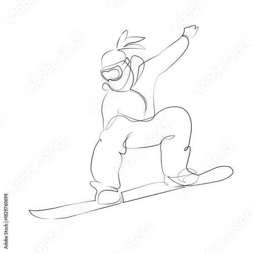 One continuous line drawing on white isolated background. Minimalism linear illustration. sport, jump, person, girl, snowboard, snowboarding, vacation, snow, winter, extreme