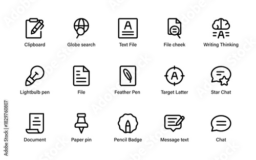 Creative Copywriter Icon Pack. drafting pages, rewriting, idea sparks, storytelling, and text-focused assets.