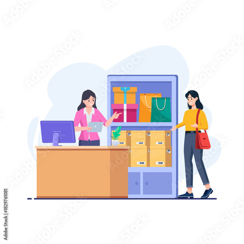 Flat shopping illustration. Buyers transact with store employees. payment at the cashier to be paid.