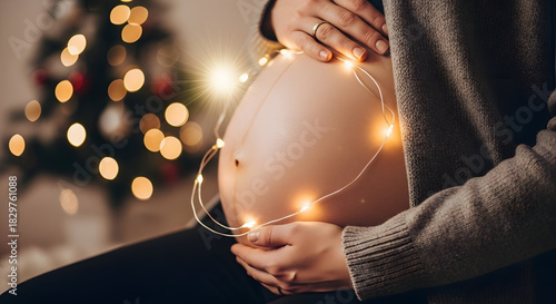 Winter Glow: A pregnant woman lovingly cradles her baby bump, adorned with soft, warm fairy lights, evoking the joy of Christmas and the anticipation of new life.  