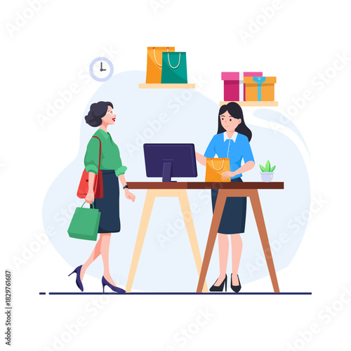 Flat shopping illustration. Buyers transact with store employees. payment at the cashier to be paid.