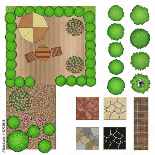 Top view garden landscape design element collection