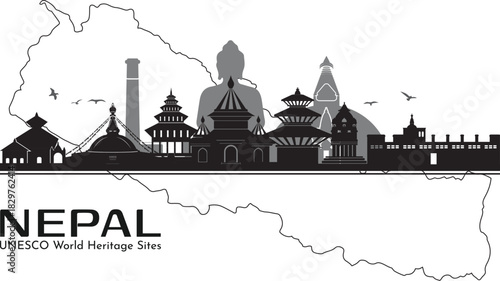Nepal skyline montage | silhouettes of UNESCO World Heritage sites over Nepal map (vector EPS)