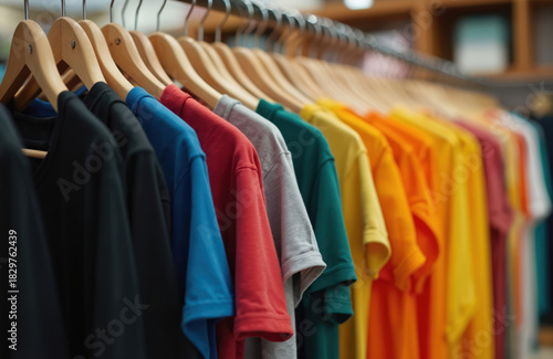 Wallpaper Mural Row of colorful t-shirts hung on wooden hangers in retail shop. Various solid colors of apparel arranged neatly on display rack. Casual wear assortment for sale in clothing store. Torontodigital.ca