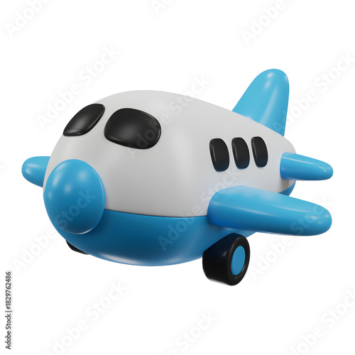 Cute blue and white airplane 3D render illustration isolated on a white background