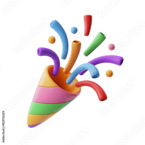 Colorful party popper with confetti a vibrant 3D render for celebration and festive events isolated on