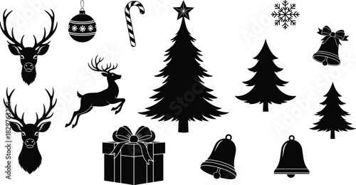 Christmas holiday silhouettes vector set, reindeer heads and leaping reindeer, pine trees with star, ornament, candy cane, snowflake, bells, gift box