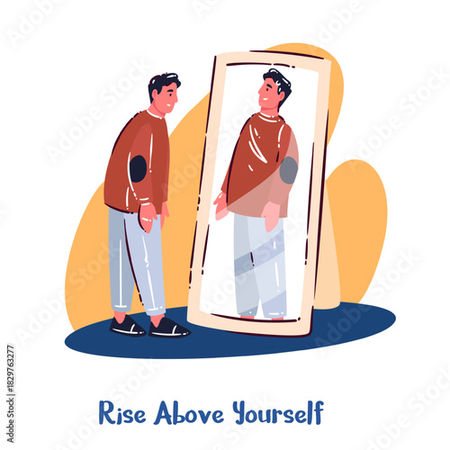 Rise Above Yourself theme with man facing strong confident reflection, personal growth, inner strength, self-improvement focus, simple cartoon doodle style, vector illustration
