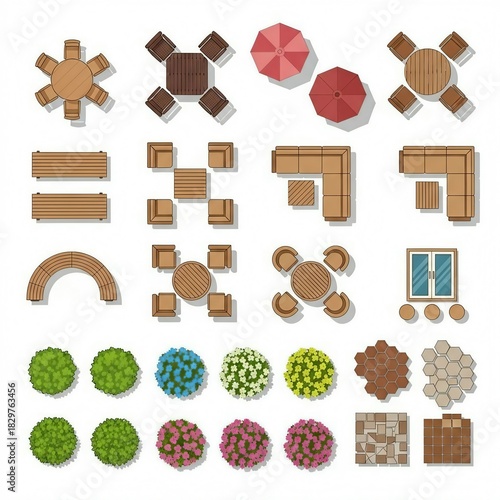 Top view set of outdoor furniture and plant element
