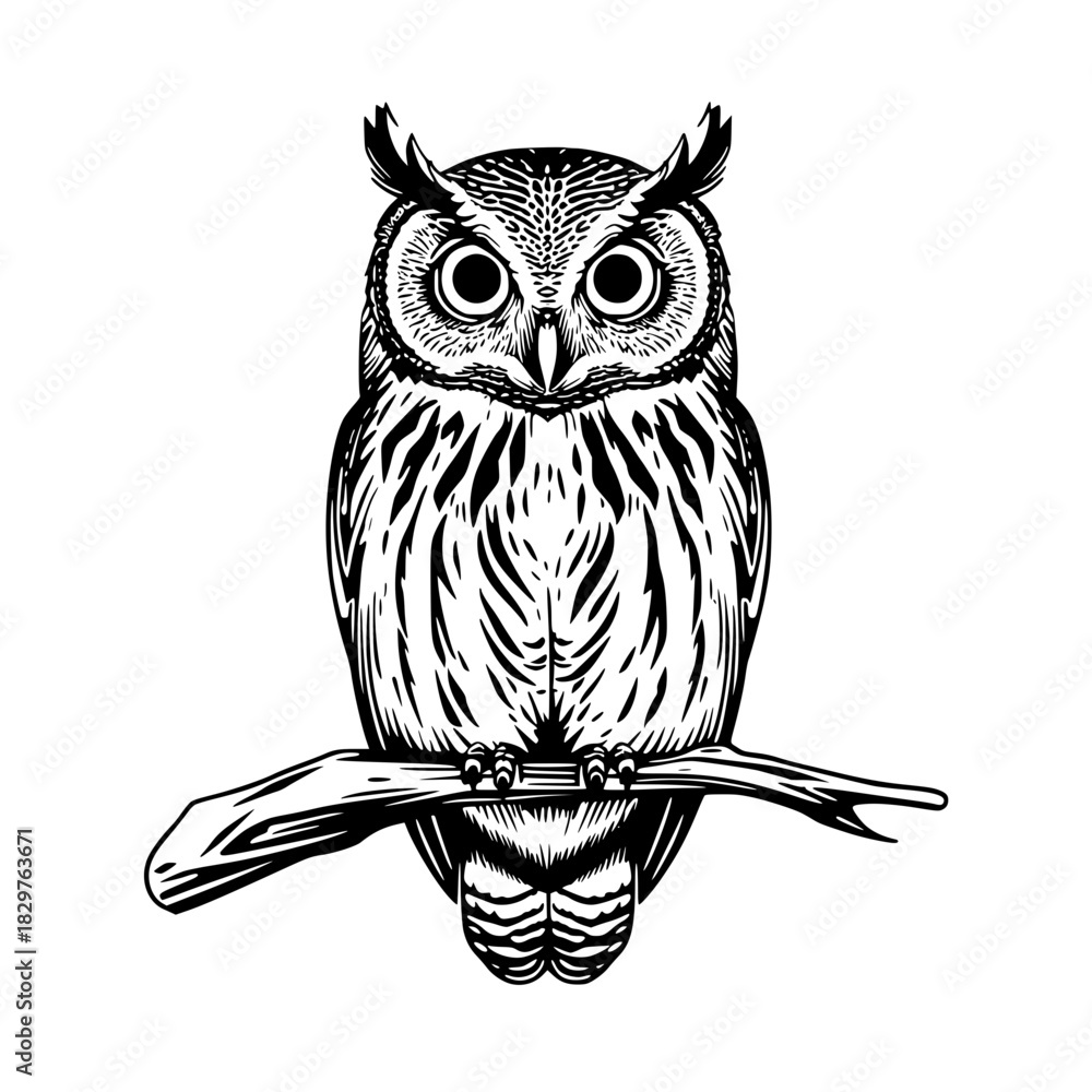 Fototapeta premium Detailed black owl perched on branch illustration