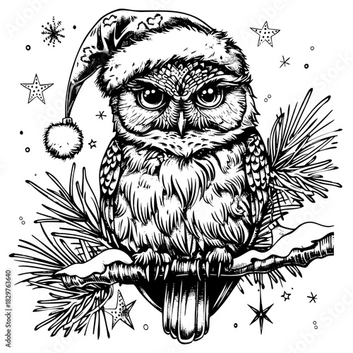 Owl wearing a festive hat sits on a snowy branch surrounded by winter stars and pine branches