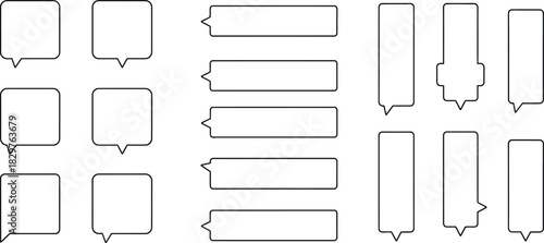 Clean black outline vector set of speech bubbles, chat boxes, dialog labels, and message UI elements in multiple shapes and sizes. Perfect for websites, mobile apps, user interface design, social medi