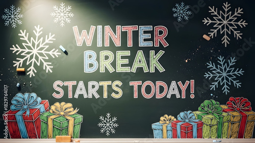 Winter Break Celebration: A festive chalkboard announces the start of winter break, adorned with colorful snowflakes and wrapped gifts, igniting excitement and anticipation for the holiday season.