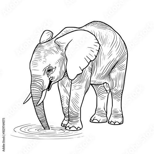 Elephant drinking water, wildlife illustration art