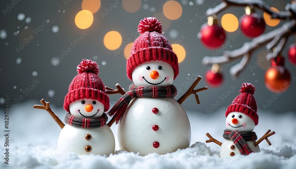 Fototapeta premium Festive snowman family in a winter wonderland with red hats and scarves