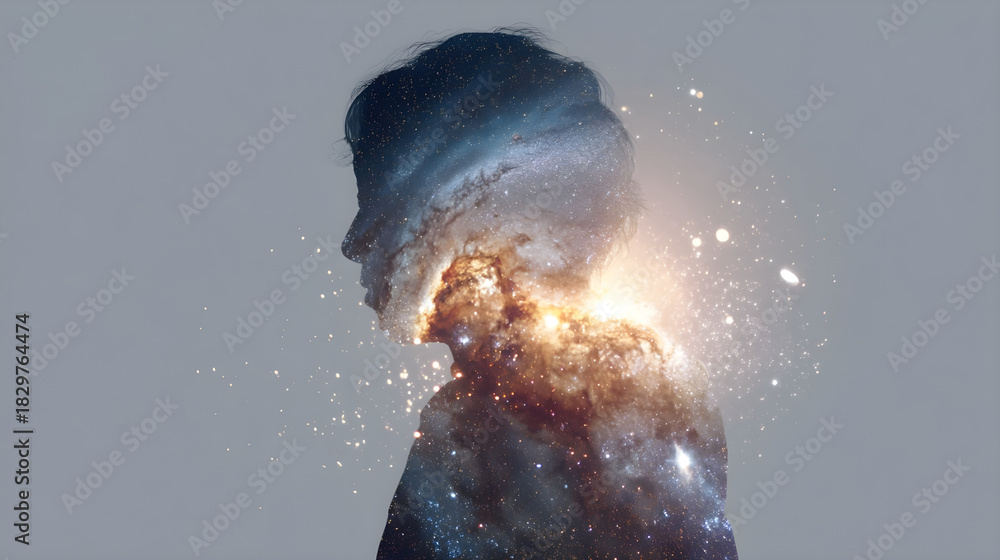 Obraz premium Person silhouette filled with a universe and exploding stars