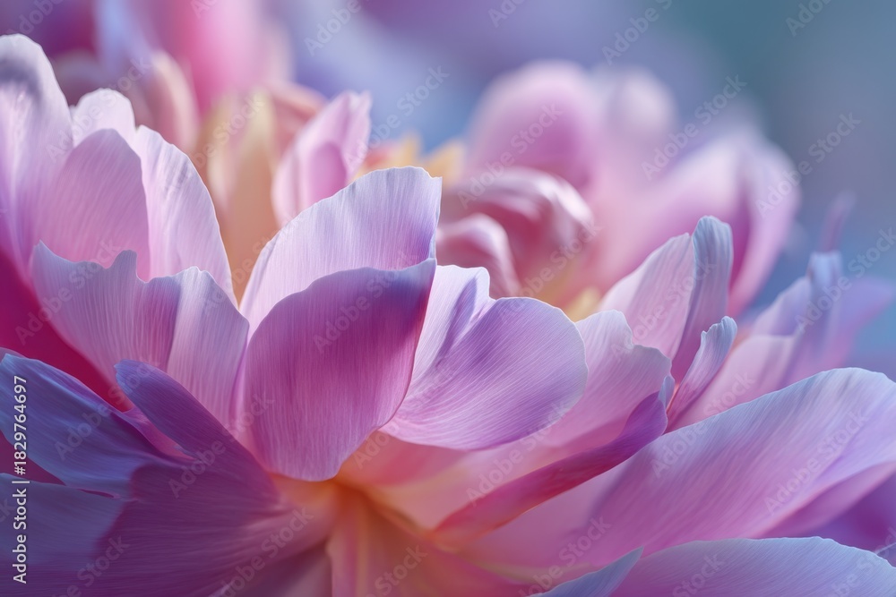 Fototapeta premium Floral Fantasia: A delicate peony unfurls its petals in a mesmerizing display of colors, its soft textures and graceful form creating a scene of pure floral poetry. 