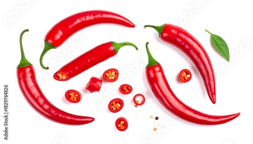 Overhead shot of vibrant red chili peppers, cut and whole, with a green leaf and seeds, isolated