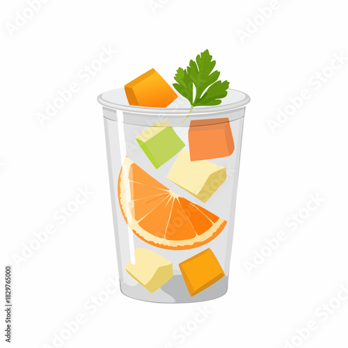 Clear Plastic Cup Filled With Refreshing Water And Ice Cubes Garnished With Orange Slice Melon Chunks And Parsley Sprig Ideal For Summer Beverage Advertising