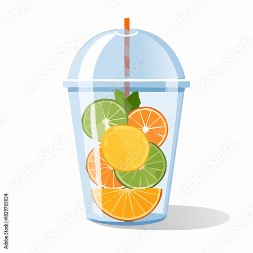 Clear Plastic Cup Filled With Sliced Citrus Fruits Oranges Limes Lemon And Mint Leaves With Orange Straw Isolated On White Background