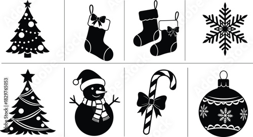 Christmas icons set, black and white holiday vector, eight festive symbols, Christmas tree, stockings, snowflake, snowman, candy cane, ornament, minimal outline collection