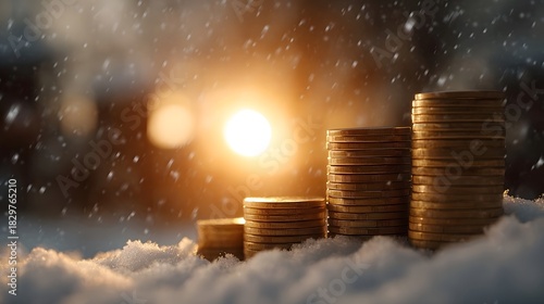 Wallpaper Mural Rising stacks of gold coins in snow at sunrise symbolizing financial growth and resilience against the cold Torontodigital.ca