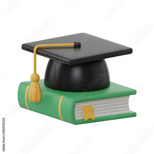Graduation cap on a book 3D render illustration for education academic achievement and learning