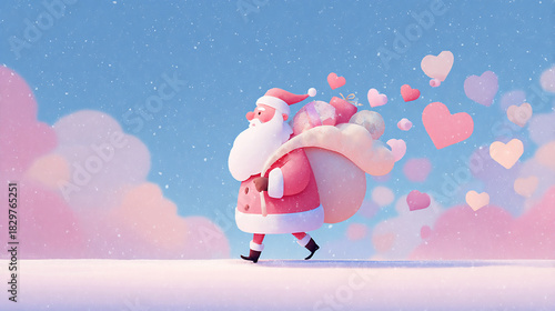 Santa Walking with a Bag Full of Gifts and Hearts