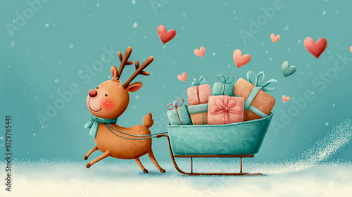 Hand-Drawn Cute Reindeer with Gift Sleigh and Hearts in Snow