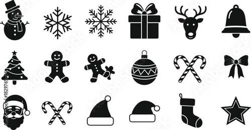 Christmas icons set, holiday symbols vector, black and white festive icons, snowman reindeer bell, Santa tree ornaments, candy canes stockings, gingerbread