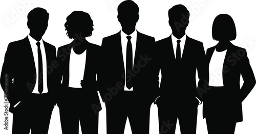 A diverse group of five professional business people, three men and two women, stand in formal suits