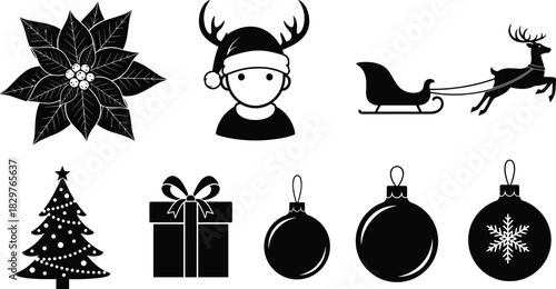 Christmas icons set, poinsettia flower, Santa hat with reindeer antlers, sleigh and reindeer silhouette, decorated tree, wrapped gift, holiday ornaments vector